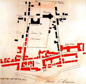 In rood, het gebied van Montreal vernietigd tijdens de brand door Gaspard Joseph Chaussegros de Léry